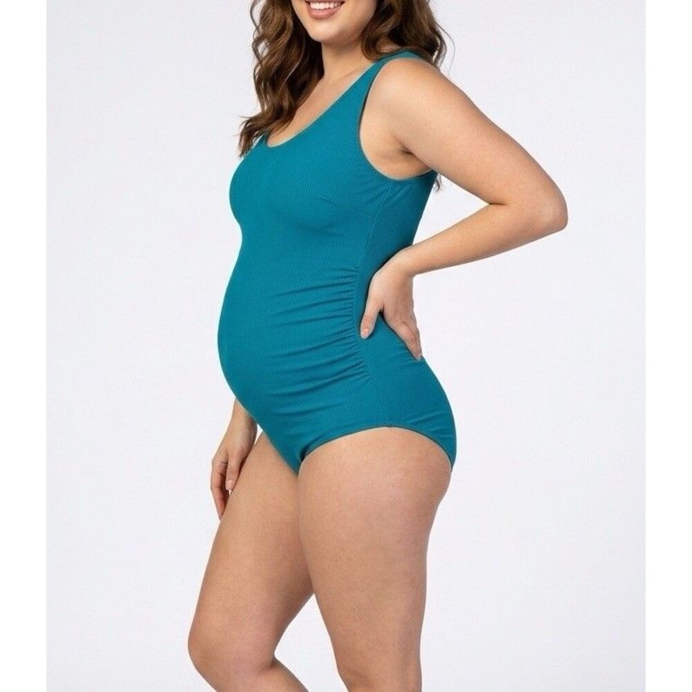 PinkBlush Teal Ribbed Ruched One-Piece Maternity Swimsuit - Large